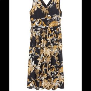 Navy Yellow Tropical Patterned Midi Dress